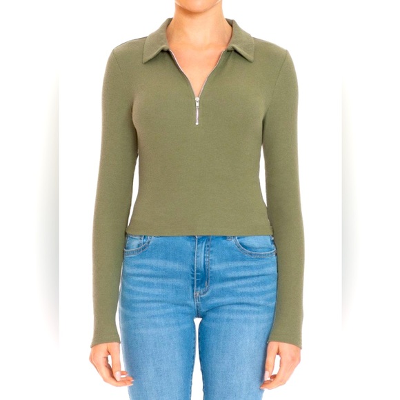RIBBED JOHNNY COLLAR HALF ZIP UP LONG SLEEVE CROPPEDTOP Small:2/Medium:2/Large:2 - Picture 1 of 2